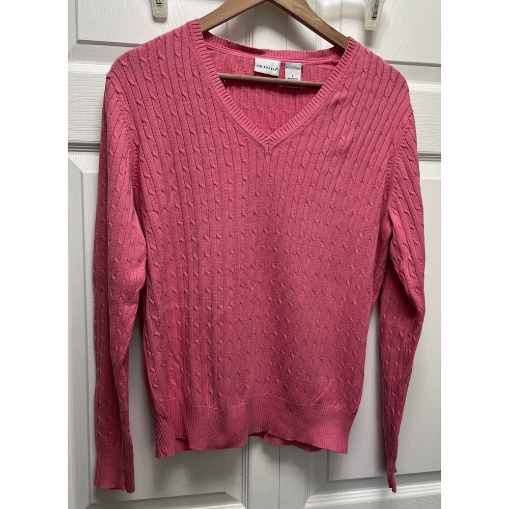 KIM ROGERS Women's Cable Knit Pink Sweater Top Size Lg Cotton Long Sleeve